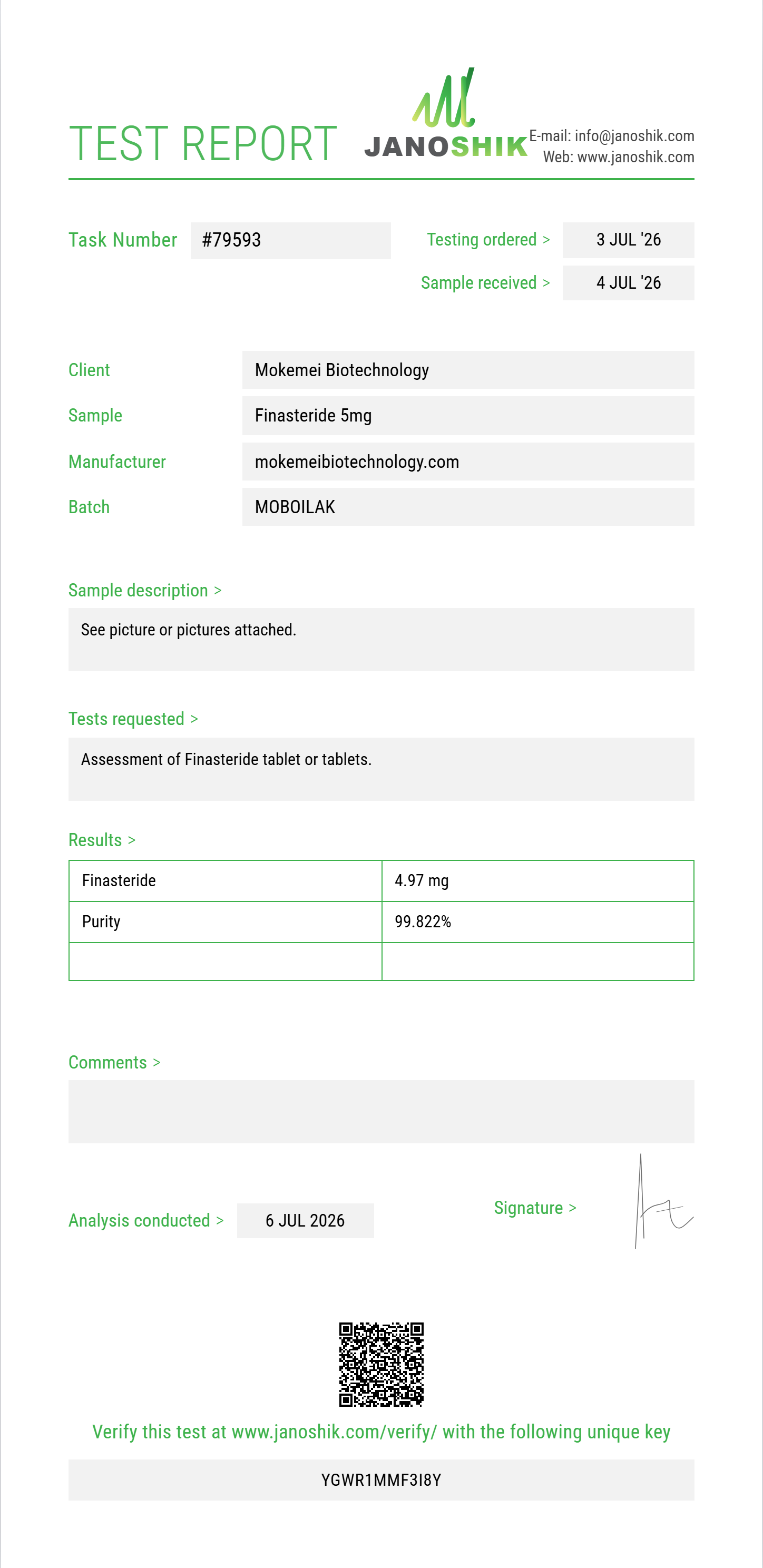 Finasteride Purity (HPLC) report by Janoshik Analytical