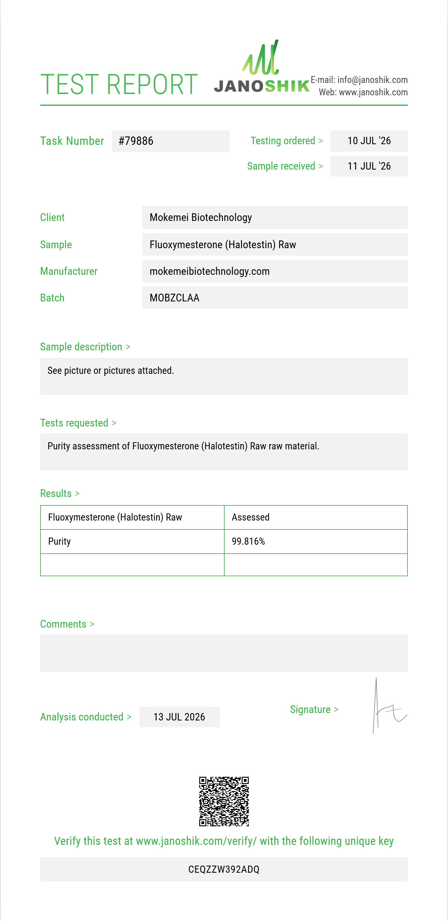 Fluoxymesterone (Halotestin) Raw Purity (HPLC) report by Janoshik Analytical