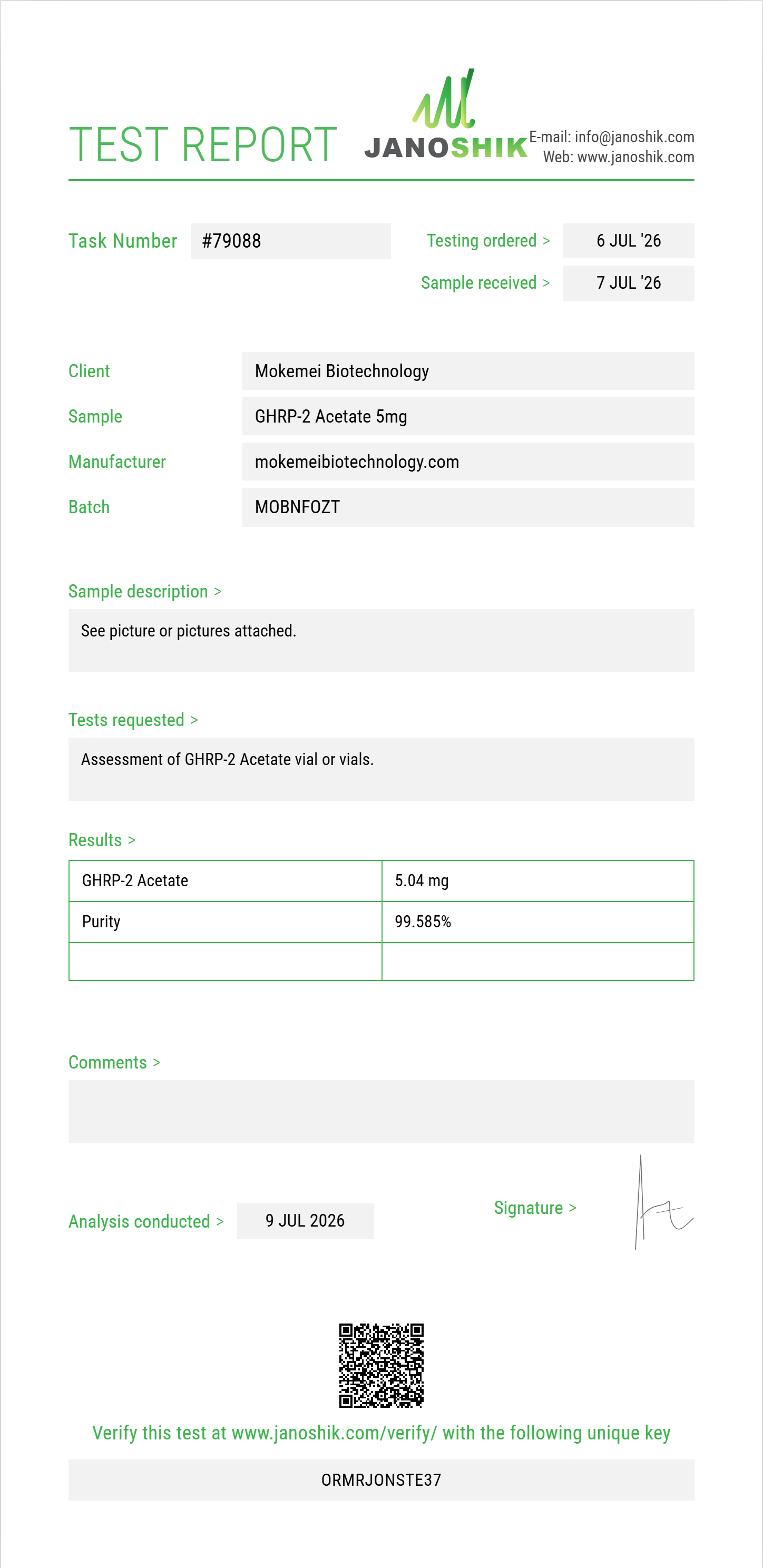 GHRP-2 Acetate Purity (HPLC) report by Janoshik Analytical