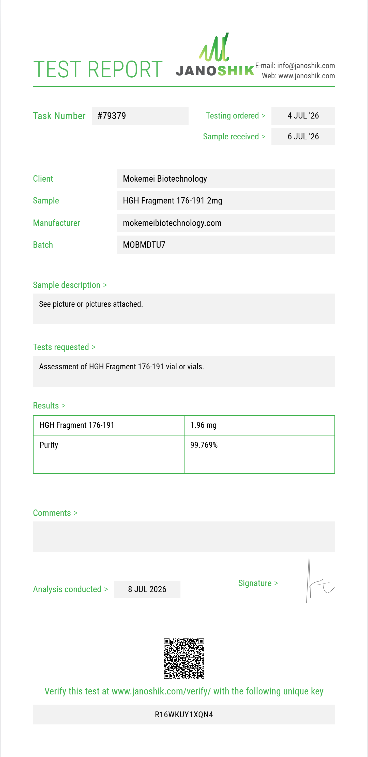 HGH Fragment 176-191 Purity (HPLC) report by Janoshik Analytical