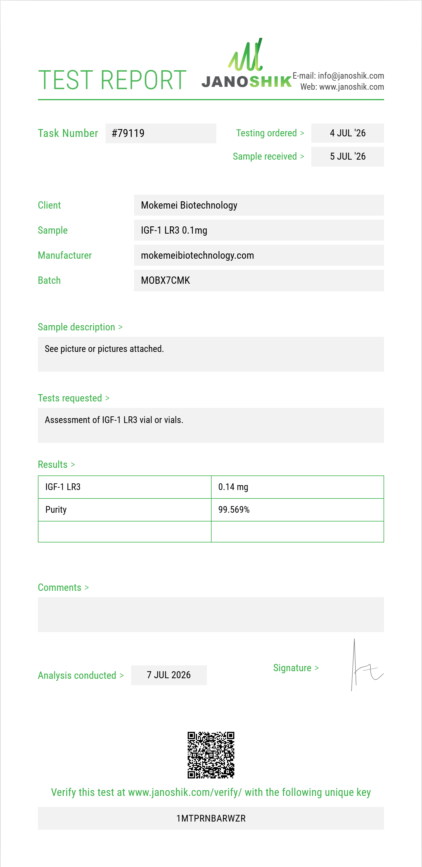 IGF-1 LR3 Purity (HPLC) report by Janoshik Analytical