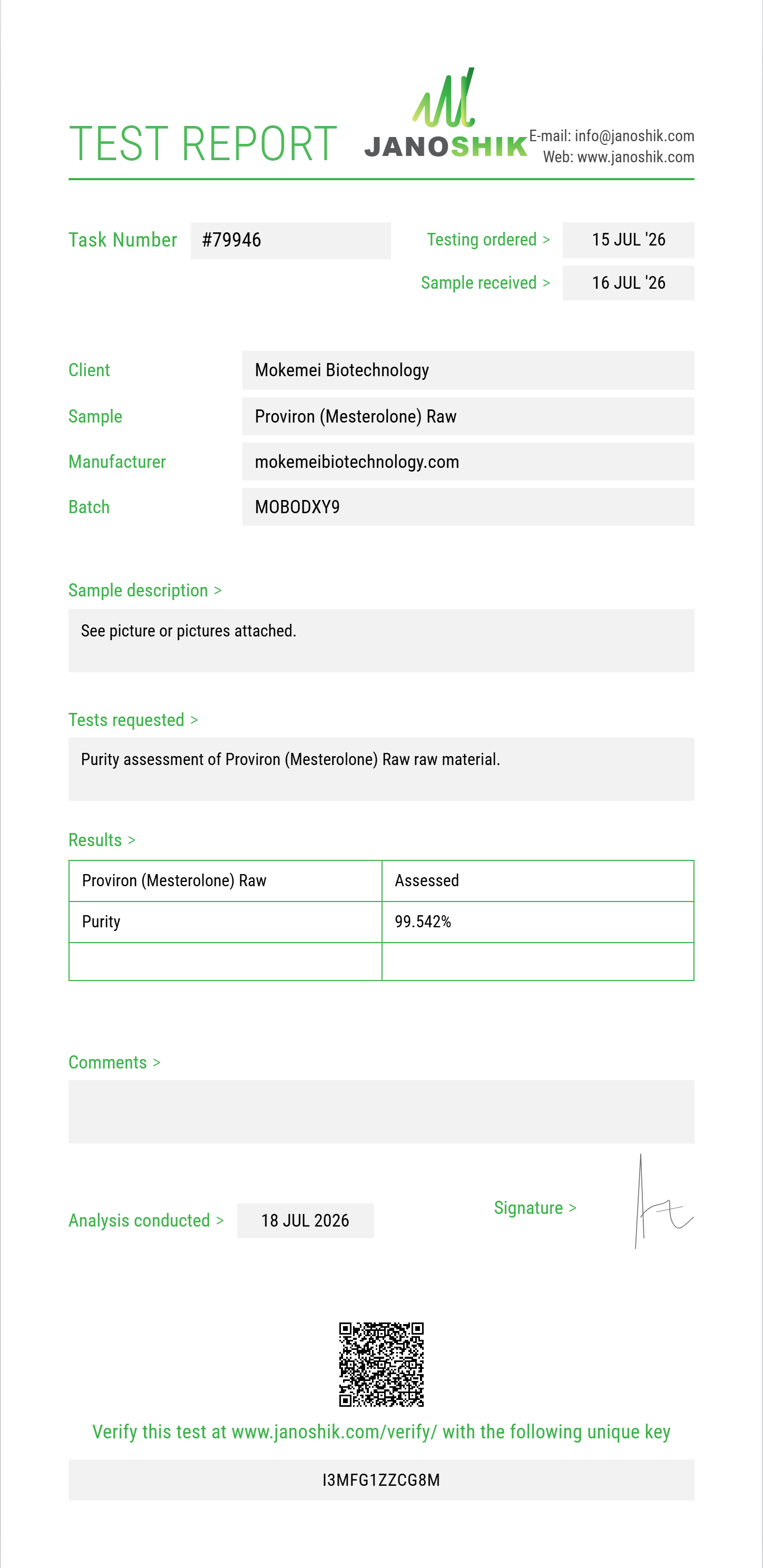 Proviron (Mesterolone) Raw Purity (HPLC) report by Janoshik Analytical